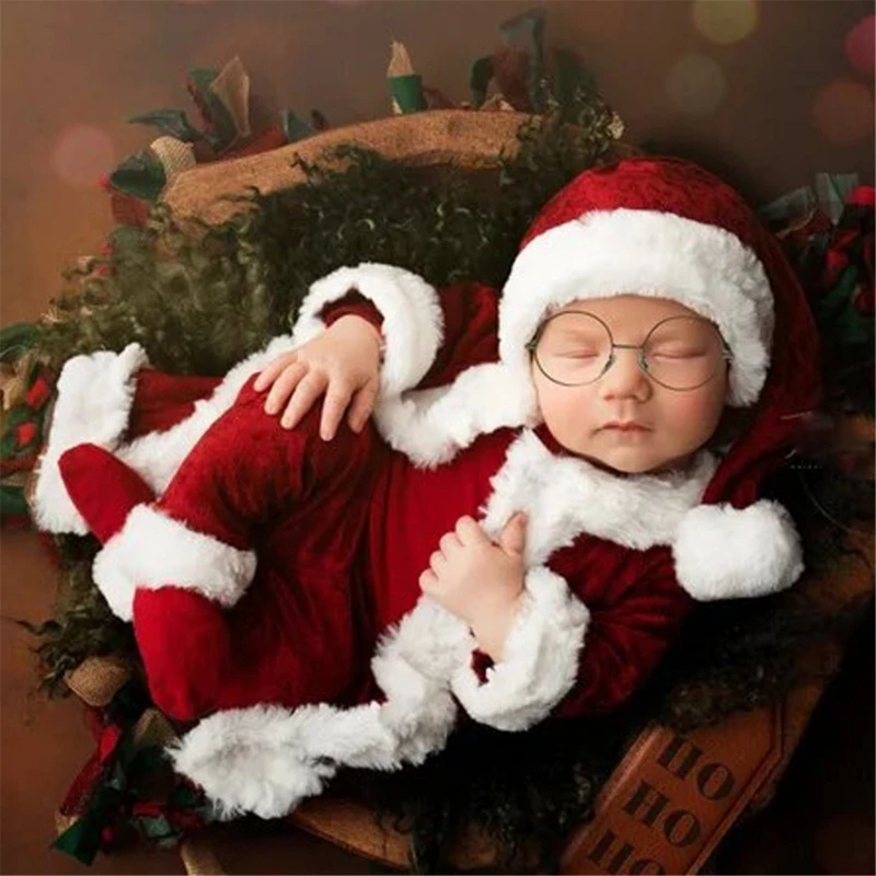 Christmas Baby Clothing Newborn Boy Girl Photography Plush Santa Claus Costumes Sets warm red Romper Stockings Hat 3pcs for Xmas