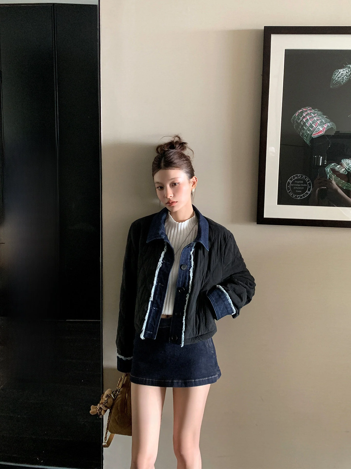 

LIONE Lila Bla Denim Fce Lined Cotton Jaet ort Outerwear Korean Sle Straight Cut Long Sve Collar