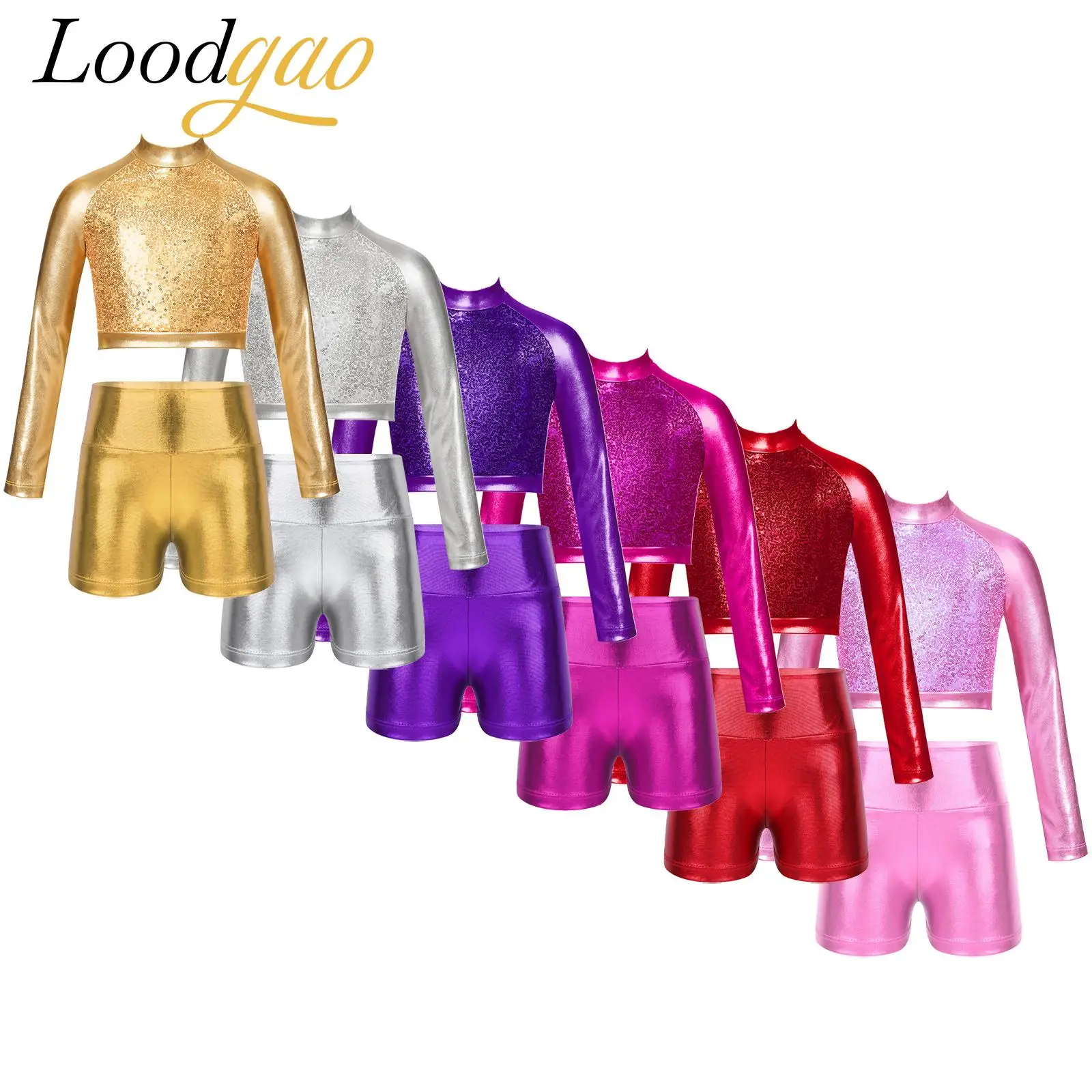 

Dancewear Sets Children Girls Glossy Metallic Long Sleeve Sequins Jazz Dance Costume Crop Top Shorts Stage Hip Hop Clothes Kids