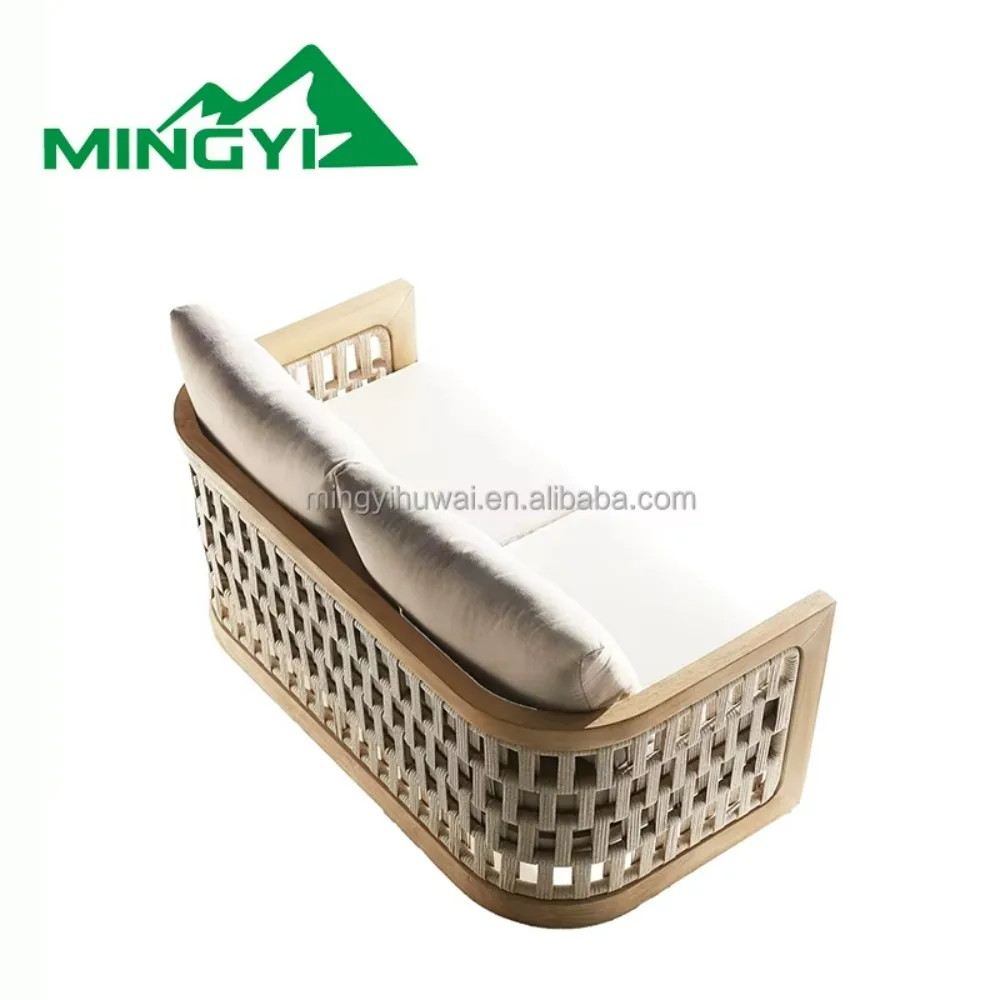 الفاخرة في الهواء الطلق فناء حديقة طقم أريكة فندق حديقة شرفة خشب الساج الطبيعي مزيج أريكة من حبال الربط ووسادة