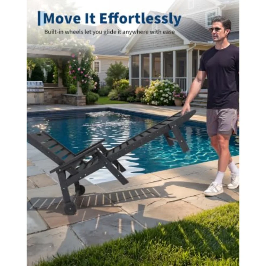 HDPE outdoor lounge chair with cup holder, gray, weather-resistant and easy-movement wheels, 5-position adjustable backrest