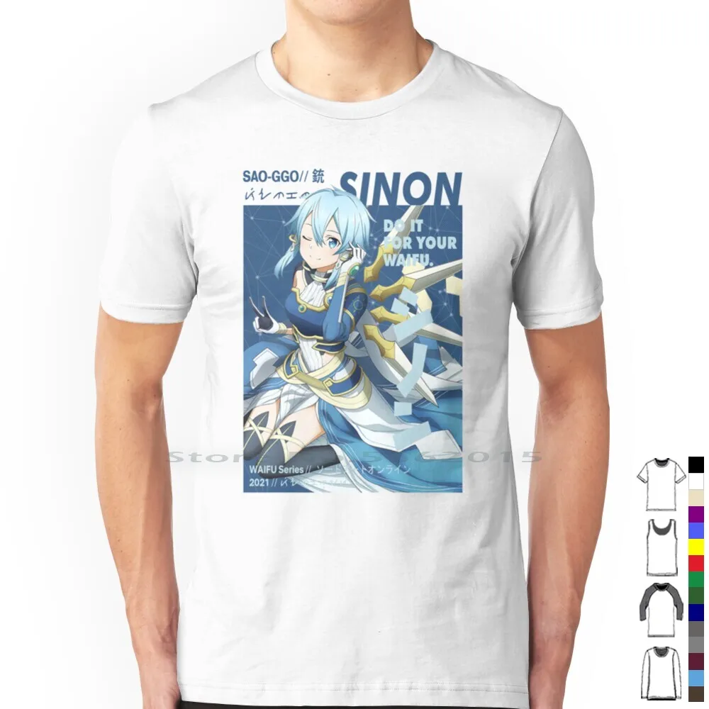 Sword Art Online-Waifu Sinon T Shirt 100% Cotton Sinon Anime Sword Art Online Manga Sao Kirito Asuna Ggo Alo Cartoon Alfheim