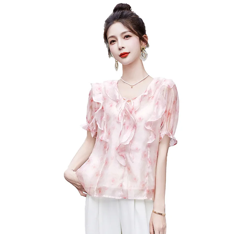 

Ele Vne Floral Lace irt Women's New Summer Sweet Sle Straight Cut ort Sve Warmth Polyester Fiber Chinese Origin
