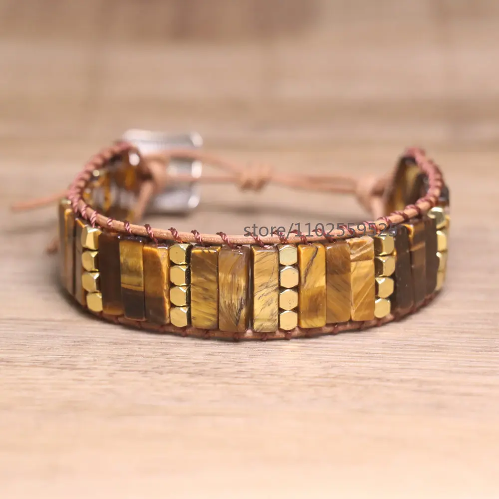 Fashion 4*13mm Rectangular Shape Natural Tiger Eye Dainty Bracelet Handmade Braiede Adjustable Boho Jewelry for Men Women