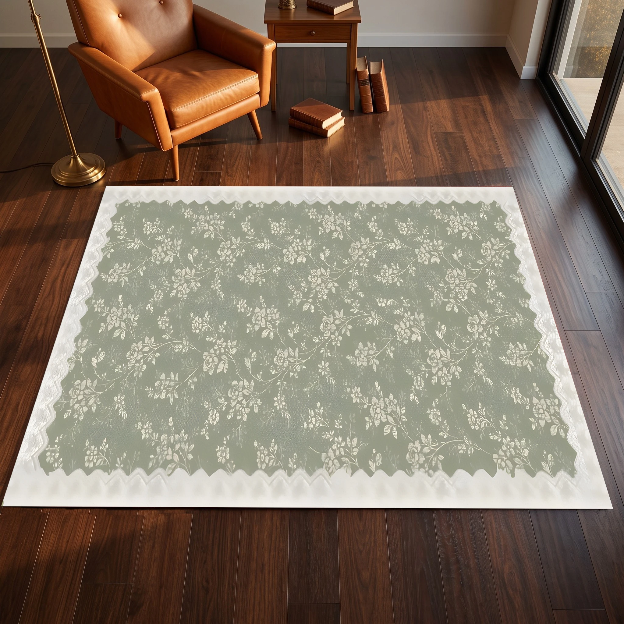 2D Carpet with Gray-Green Fresh Small Floral Pattern in Retro Pastoral Style for Living Room, Bedroom, and Bedside