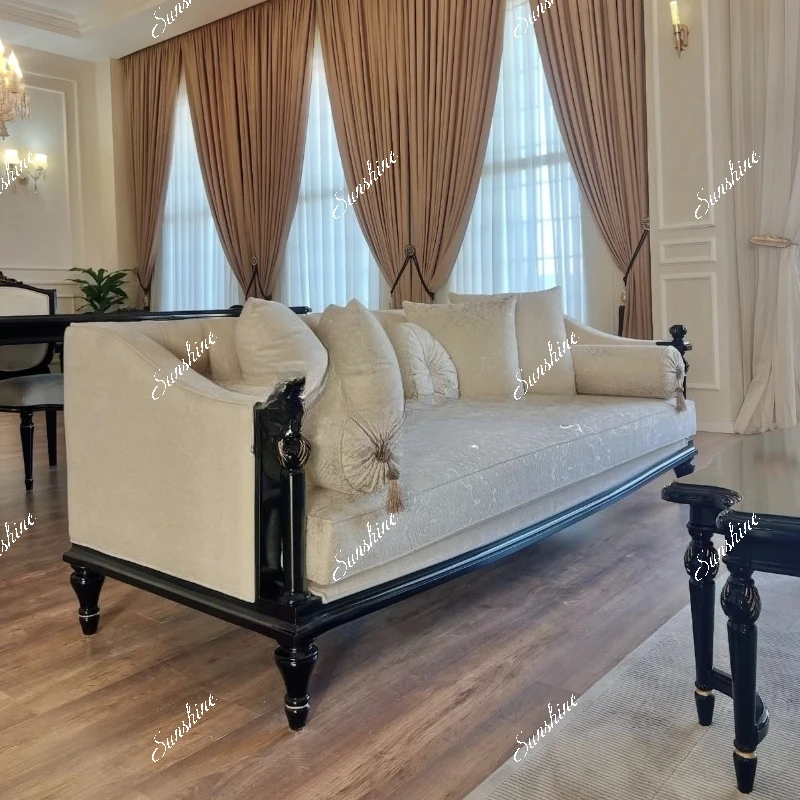 French solid wood retro living room casual single jacquard fabric piano paint carved sofa