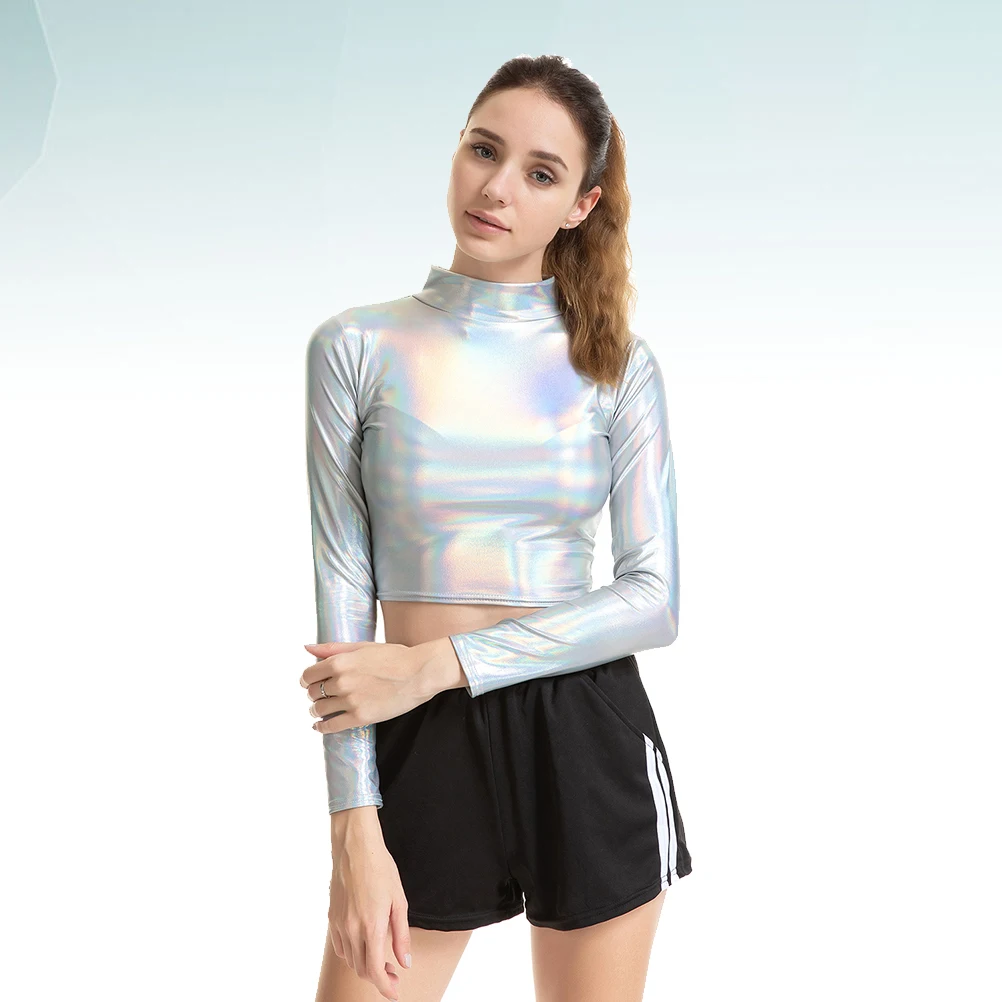 

Colorful Shiny Sexy Bustier Patent Performance Costume Long Sleeve Women Cosplay Nightclub Stage Outfit Apparel Tops