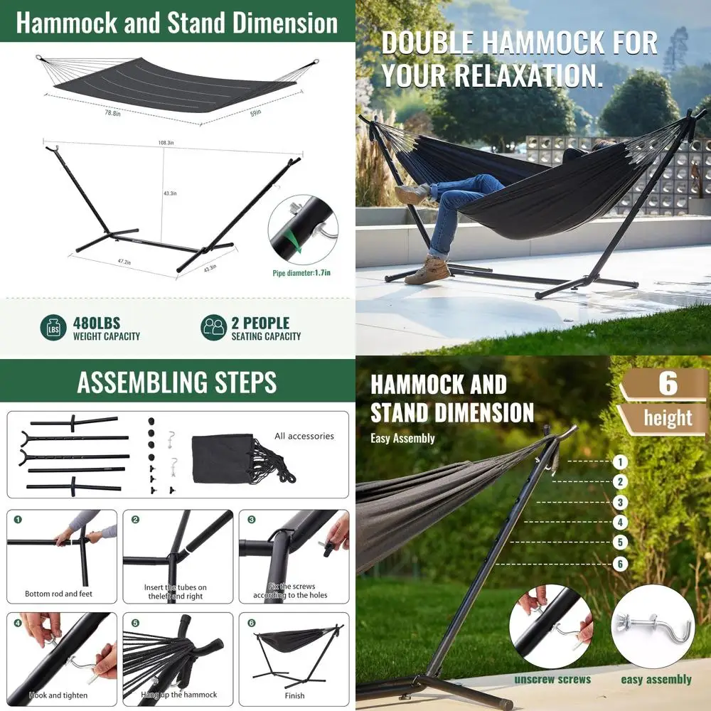 

Heavy-Duty 2-Person Hammock with Detachable Steel Stand - 480 lbs Capacity, Adjustable Hooks, Indoor/Outdoor Use, Gray