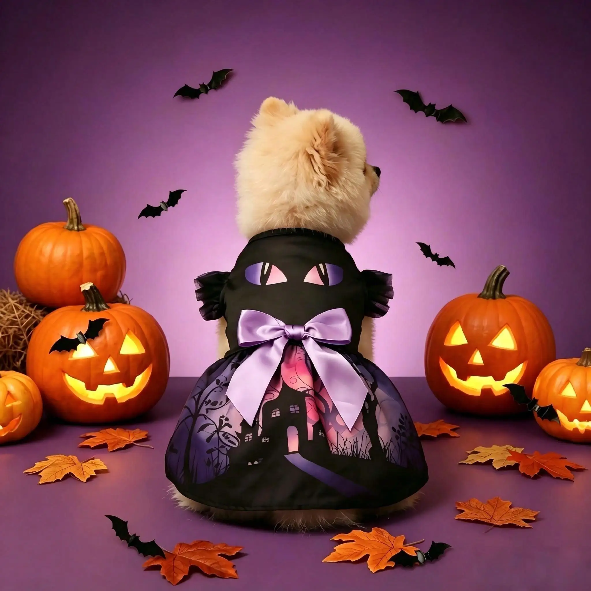 Halloween-Kostüm für Hunde und Katzen: Schwarzes Katzenaugen-Tutu-Kleid mit lila Satinschleife, Prinzessinnenrock für kleine und mittelgroße Hunde und Katzen – Detail 1