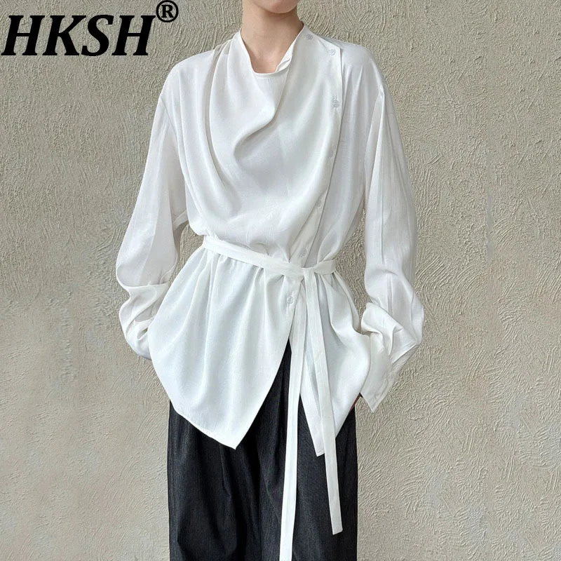 

HKSH Autumn New Women Shirt Solid Color Swing Collar Single Breasted Asymmetric Design Sashes Korean Elegant Chic Blouse HK11635