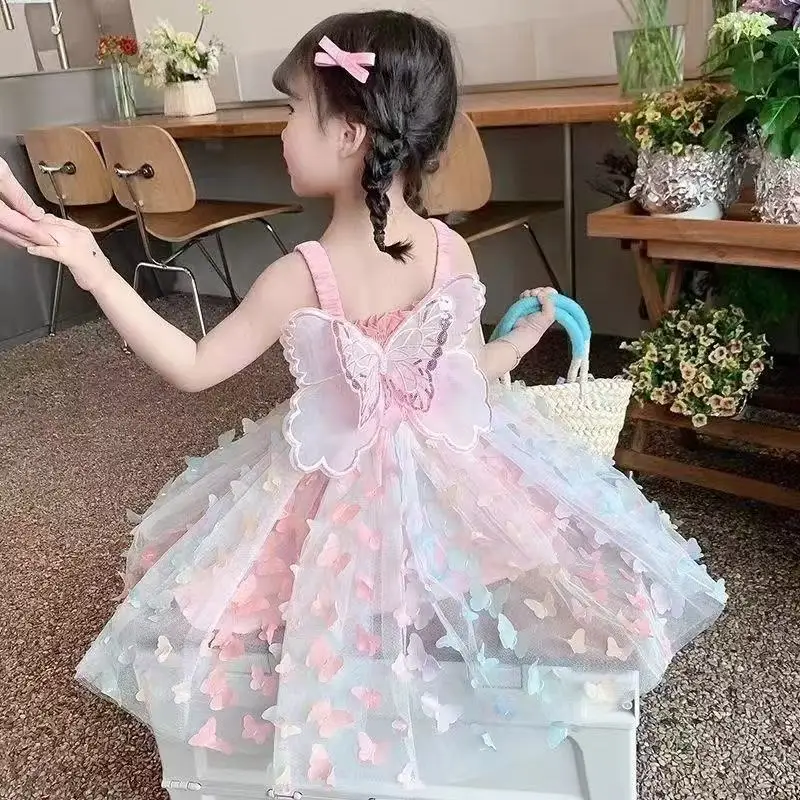 

Summer Girls' Princess Party Birthday Dress Bow Fairy Strap Butterfly Back Bow Wings Fairy Strap Embroidered Butterfly Mesh Dres