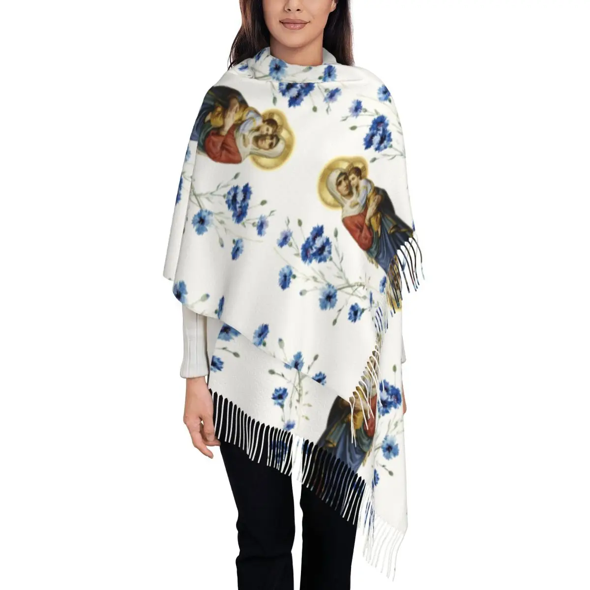 

Ladies Large Virgin Mary Scarves Women Winter Fall Soft Warm Tassel Shawl Wraps Our Lady of Guadalupe Mexico Scarf