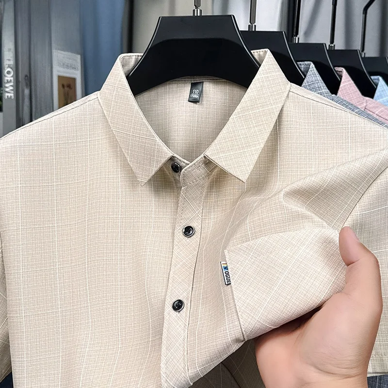 Lightweight Cotton Linen Short Sleeve Shirt Men's Business Casual Plaid Shirt Real Pocket Large Size Shirt Summer Season