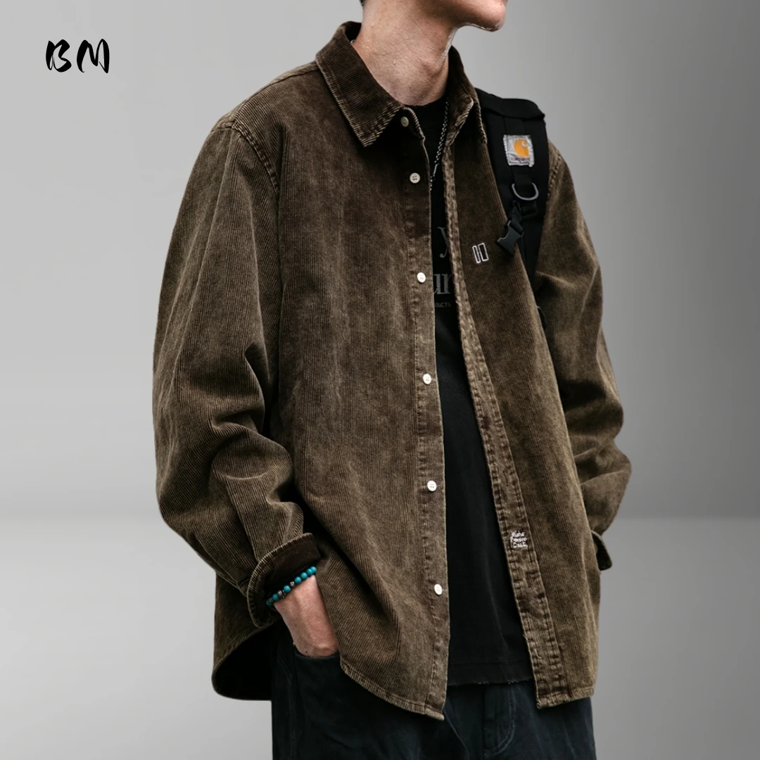

Мужская вельветовая рабочая рубашка с длинным рукавом в винтажном японском стиле, потертая повседневная уличная одежда из чистого хлопка, высокое качество, весна-осень
