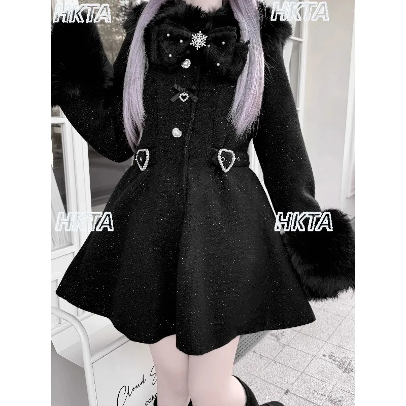 

Японская массовая продукция, элегантная черная шерстяная куртка, зимняя теплая милая длинная шерстяная куртка с меховым воротником и бантом для женщин