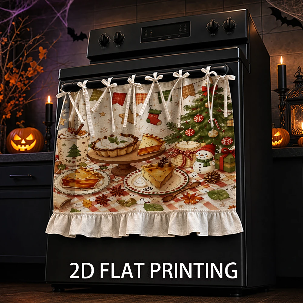 1PC Christmas Kitchen Curtain-Cabinet Curtain-Apron. Printed with Holiday Pies, Decorated Christmas Trees and Cute Snowmen. Can