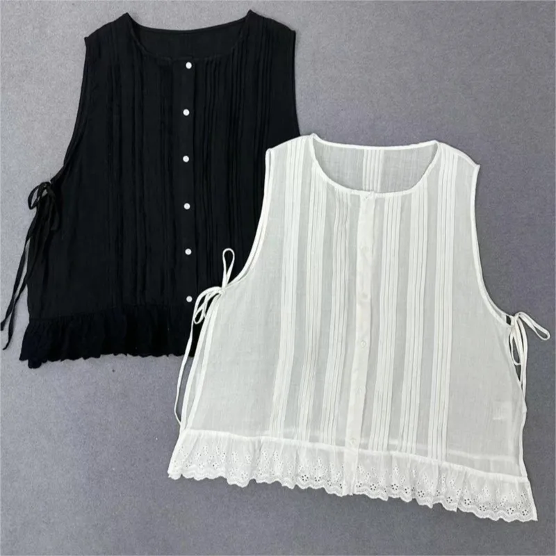 Johnature Korean Version Mori Women Pleated Heavy Industry Ramie Lace Vests 2024 New Summer Layering All Match Casual Tops