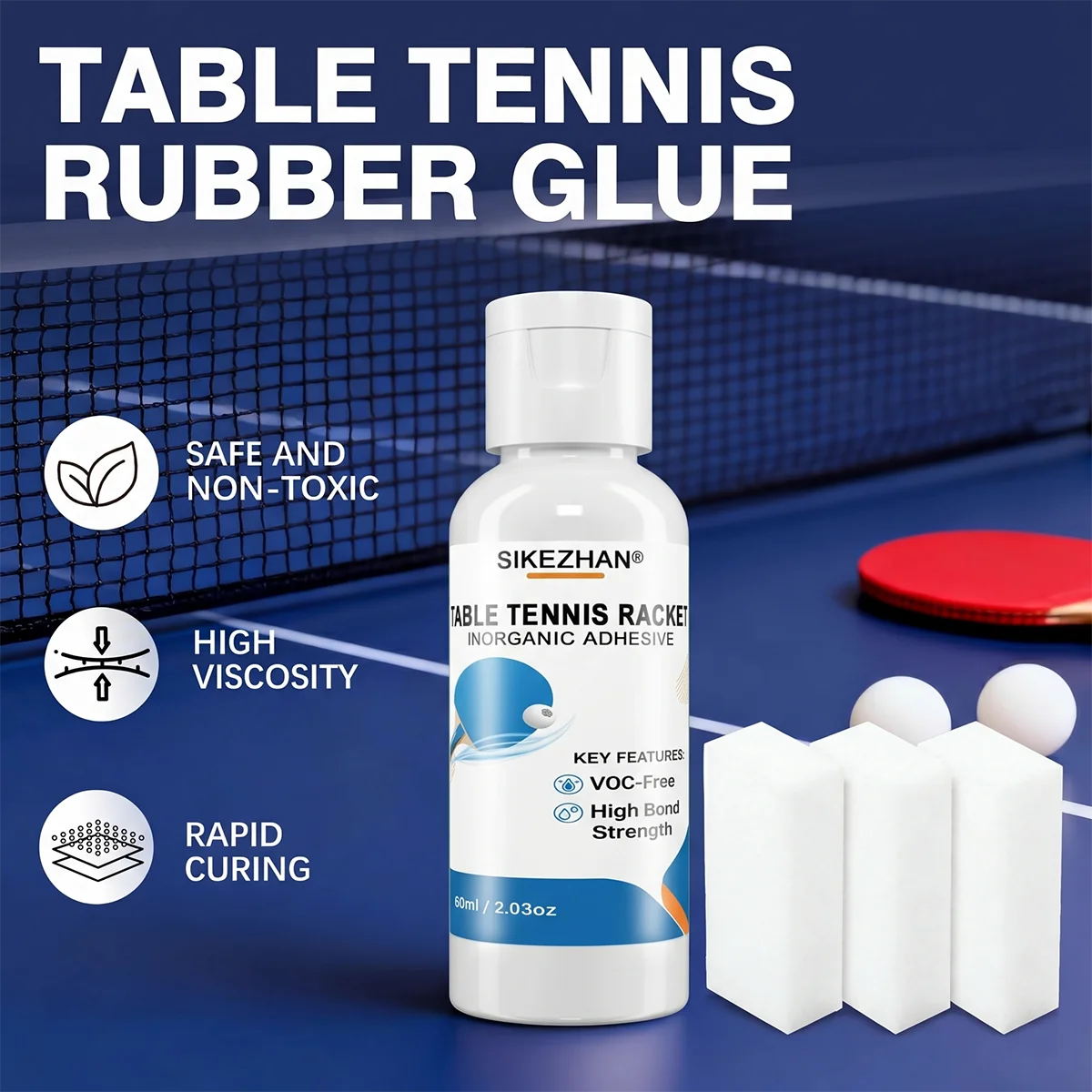 

Professional 60ml Table Tennis Glue with 3 Sponges, High-Bonding Inorganic Adhesive for Ping Pong Racket Rubber Assembly