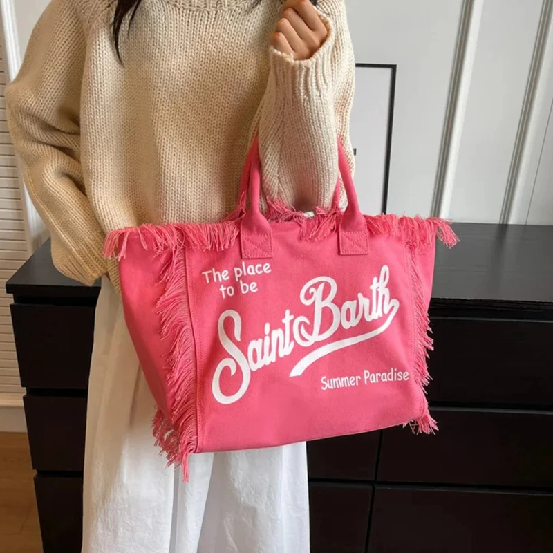 2024 Summer New Hot Selling Canvas Solid Color Women\'s Bag Large Capacity Printed Letter Tassel Splicing High-quality Handbag