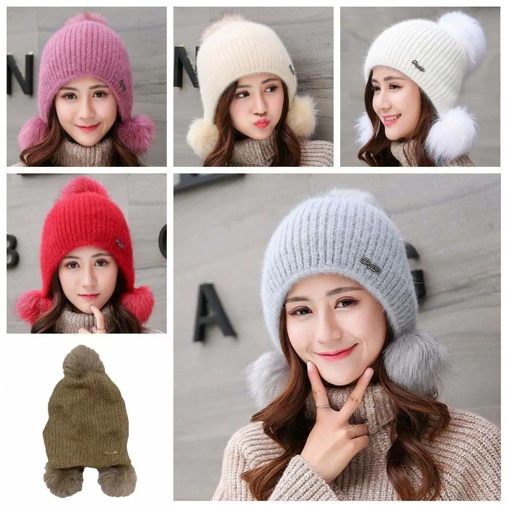 

Fashion Thickened Warm Knitted Hat Breathable Ear Protection Fur Pompom Beanies Hat Comfortable Solid Color Pullover Hat Outdoor