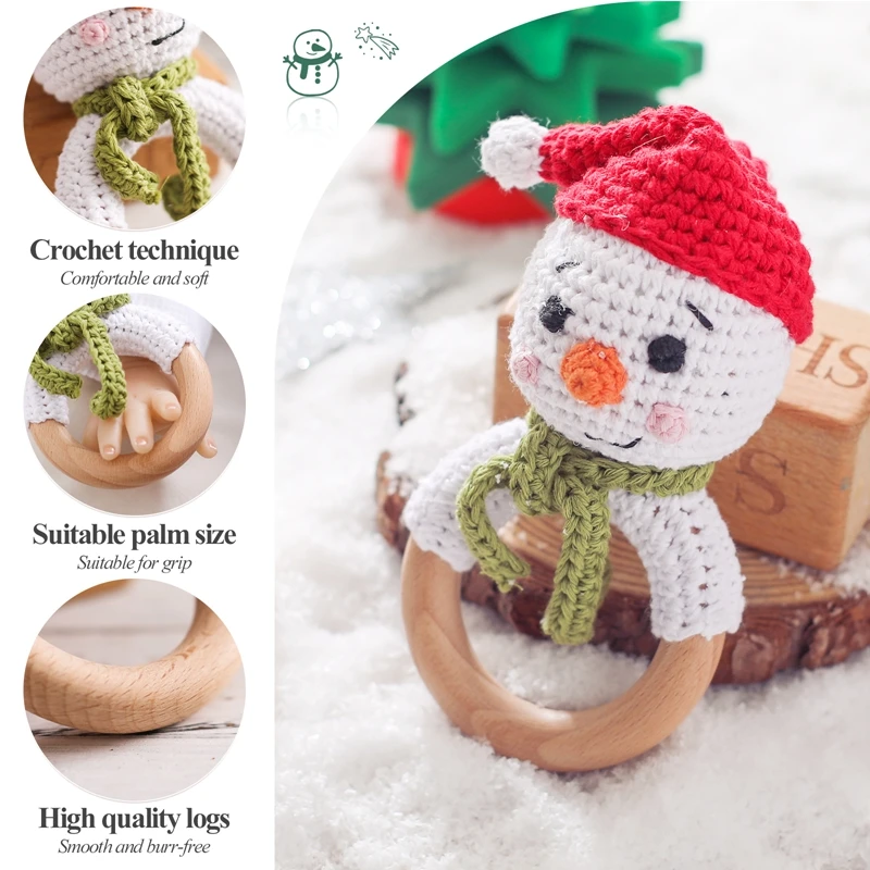 1PC Baby Snowman Ratter Toys Wooden Teether Crochet Elk Deer  BPA Free Rattle Toy Newborn Amigurumi Teether Baby Christmas Gifts