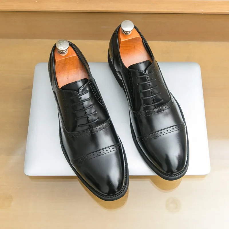 Leather Shoes Carved Floral Design Casual Increase Height Wedding Groom Black Business Formal Men's Shoes British Style Three...