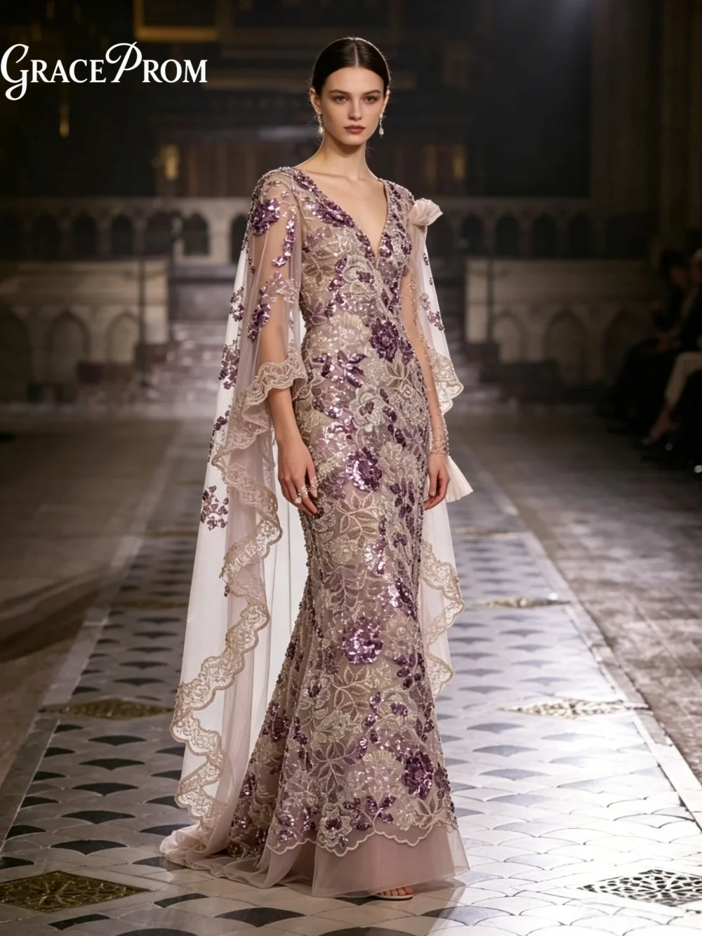 

Elegant Lavender 3D Flower Appliqué Evening Gown Nude Base V Neck Cape Sleeve Mermaid Party Dress For Wedding Guests فساتين سهرة