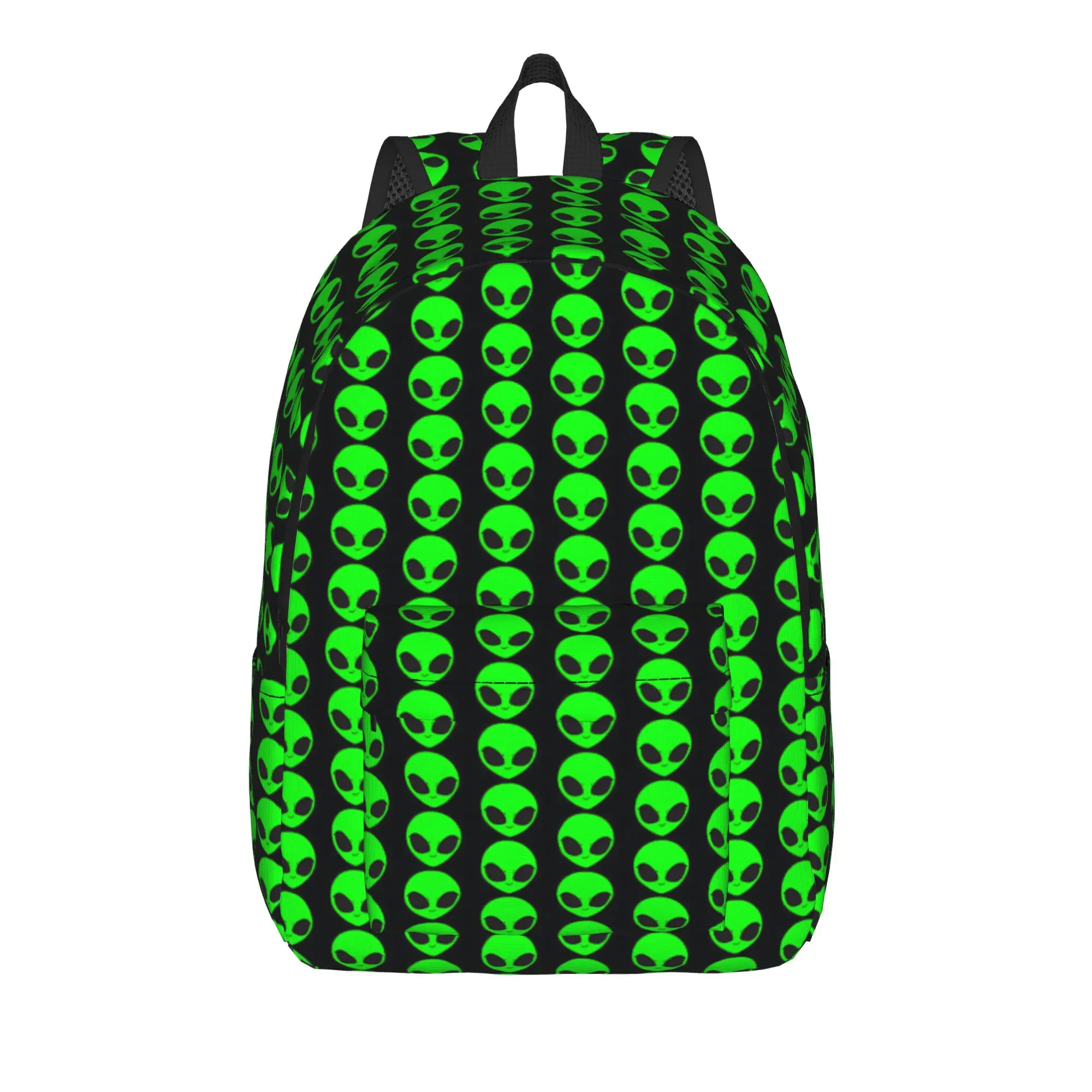 Neon Green Smiling Alien Head Black Background Graphic Backpack  Girl Polyester Trekking Backpacks Durable Fun High School Bags