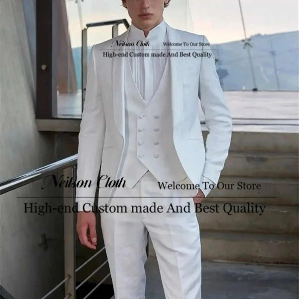 

Formal White Male Prom Blazers 3 Pieces Sets Shawl Lapel Groom Wedding Tuxedos For Men Slim Fit Groomsmen Terno Masculino