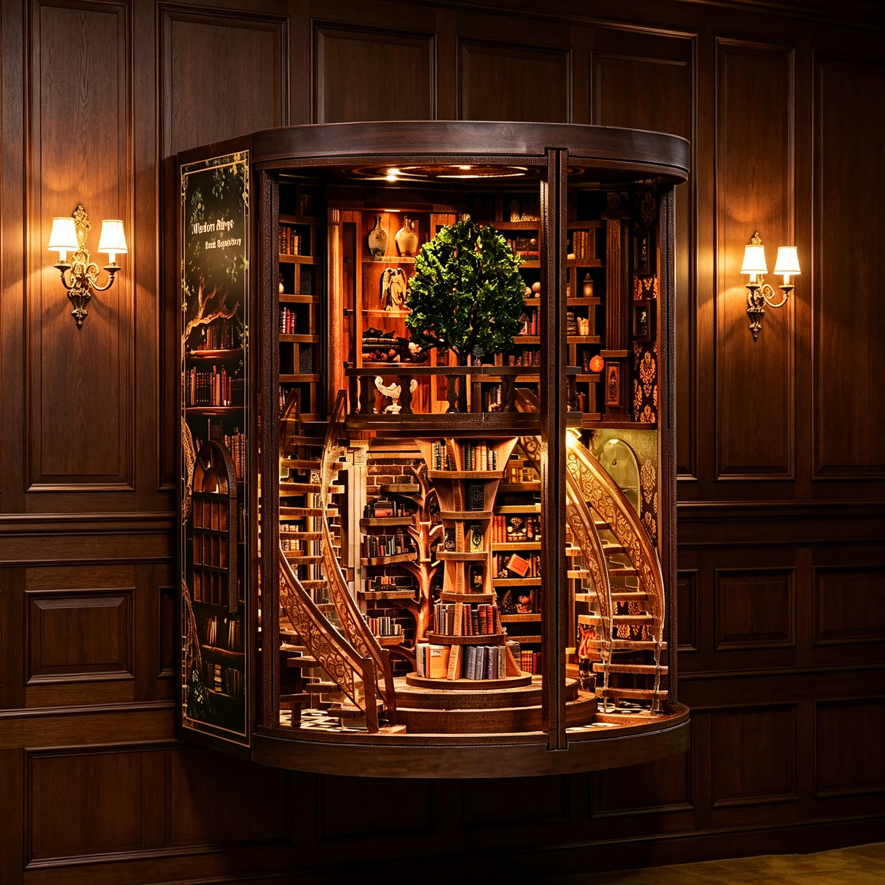 Round Wisdom Rings Library DIY Book Nook Kit, Wooden Book Repository Diorama with LED Light Dust  Handcraft Assembly Model Gift
