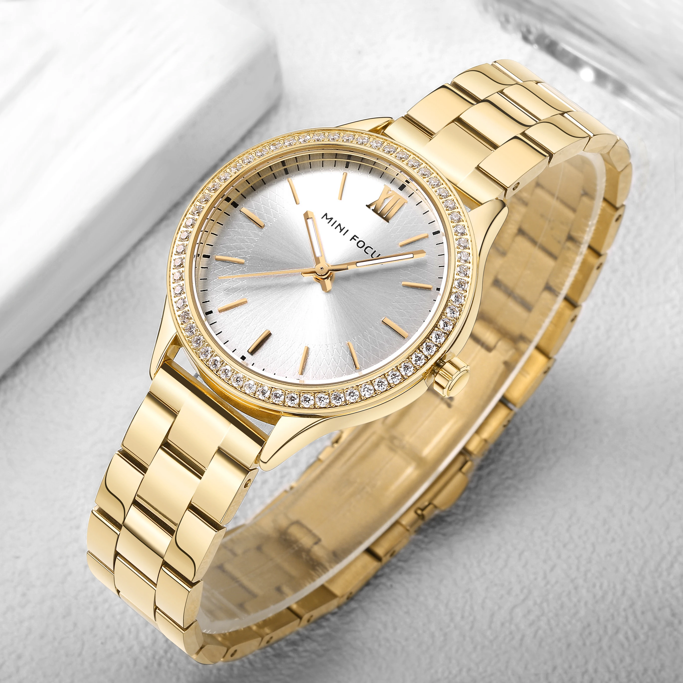 High Quality MINI FOCUS MF0043L Women Dress Quartz Watches Luxury Gold Stainless Steel Band Waterproof Luminous Hands Lady Watch