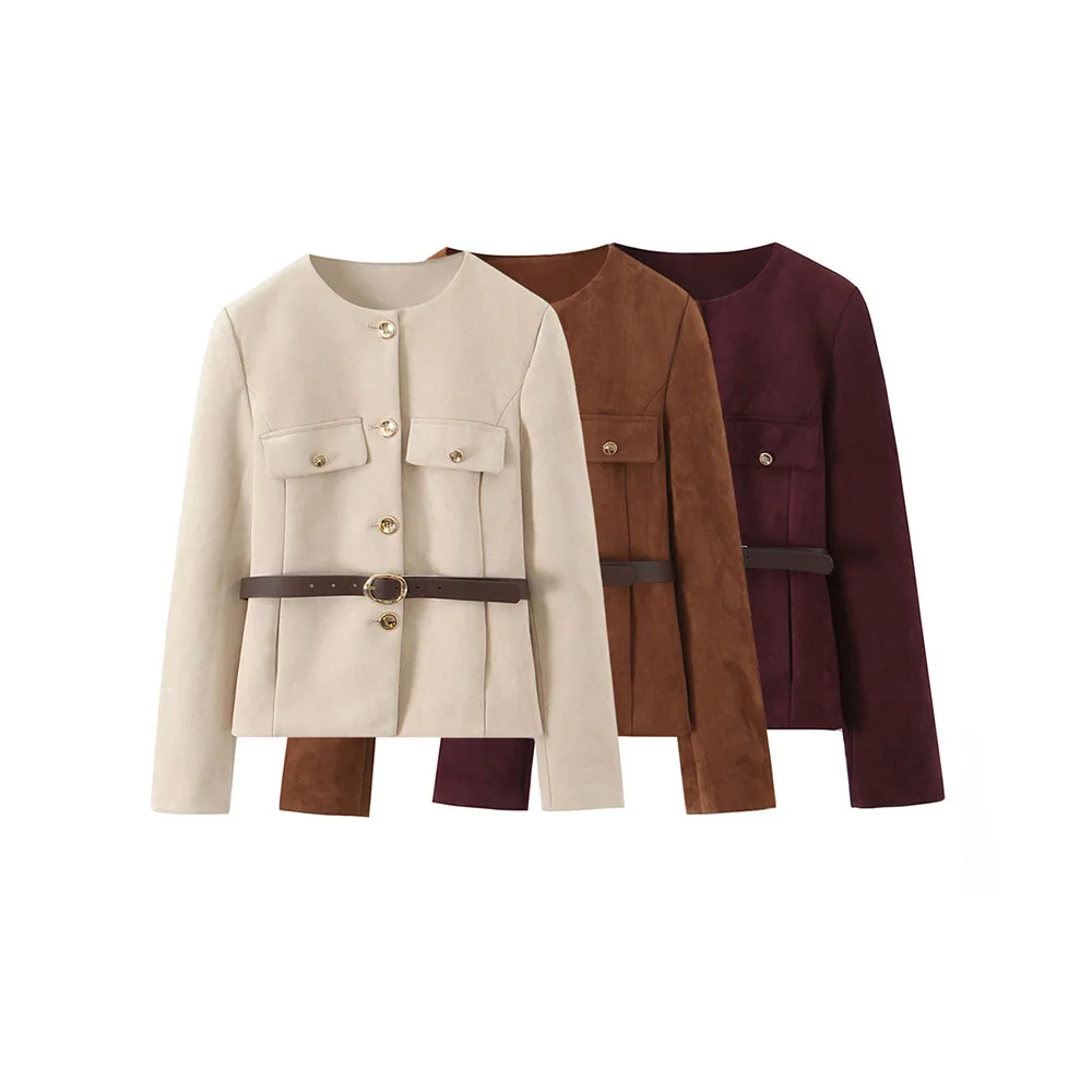 Осенний новый женский модный наряд с поясом и замшевым эффектом, пиджак