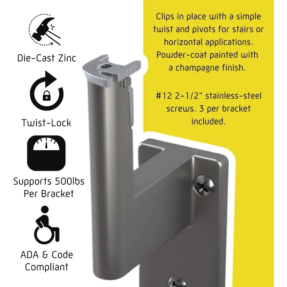 

10ft Flush Handrail Kit - Champagne - Complete Indoor/Outdoor Handrail for Stairs - 1.6" Round Anodized Aluminum Railing