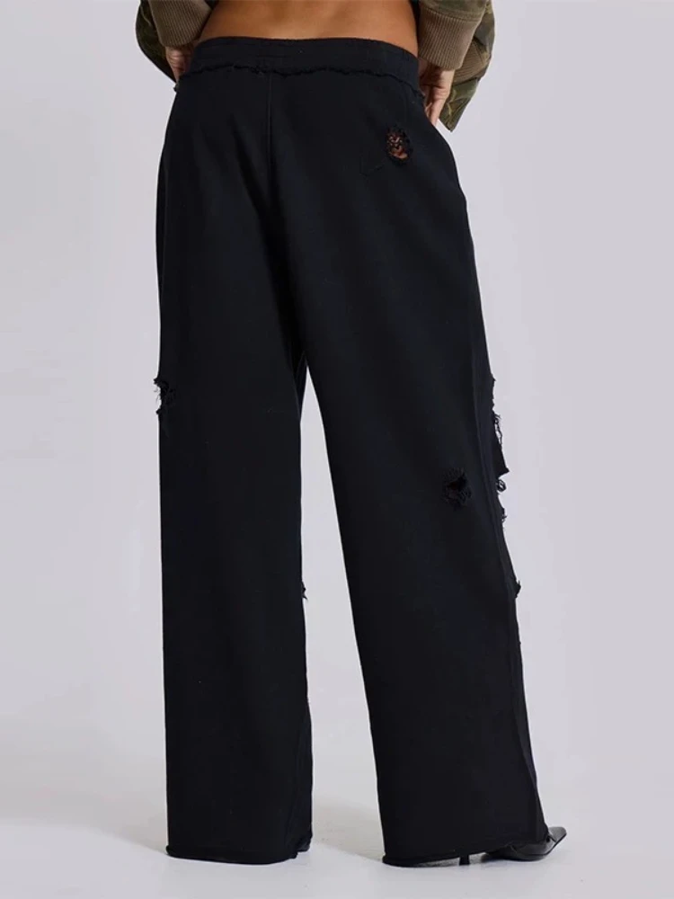 HOUZHOU Black Vintage Distressed Trousers Women Baggy Hip Hop Y2k Grunge Holes Sweatpants Fashion Streetwear Wide Leg Joggers