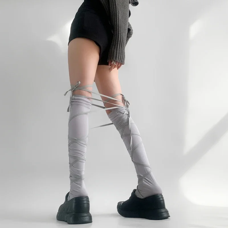 Women's Punk Strappy Ballet Calf Socks Gothic Lolita Tie-Leg Stockings with Bow Accents Japanese Jk Cosplay Knee-High Thin Socks