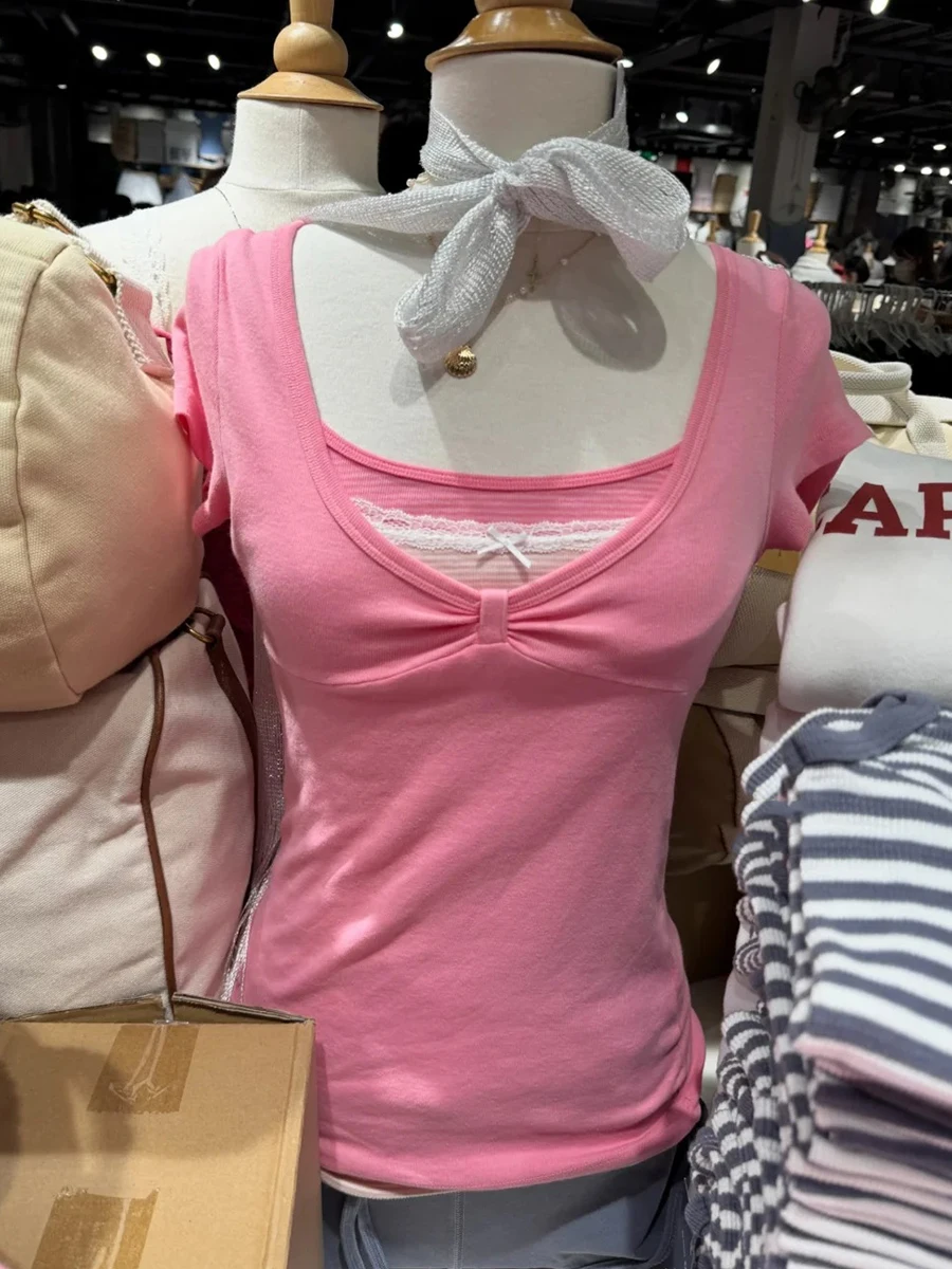 T-shirt rose à nœud pour femme, col en V, manches courtes, en coton, simple et polyvalent, style décontracté et doux, nouvelle collection d'été