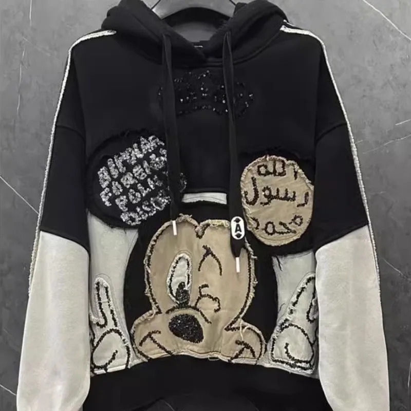 Disney Sequin Embroidered Mickey Design Autumn Winter Hooded Sweatshirt For Men And Women Fashion Niche Splicing Velvet Hoodie