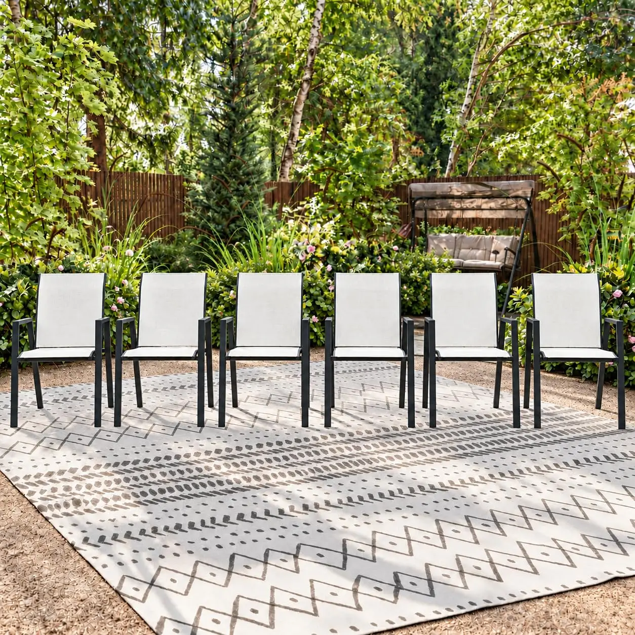 Stackable Patio Chairs Set of 6, Outdoor Dining Chairs with High Back & Metal Frame, Lightweight Sling Chair for Lawn Garden