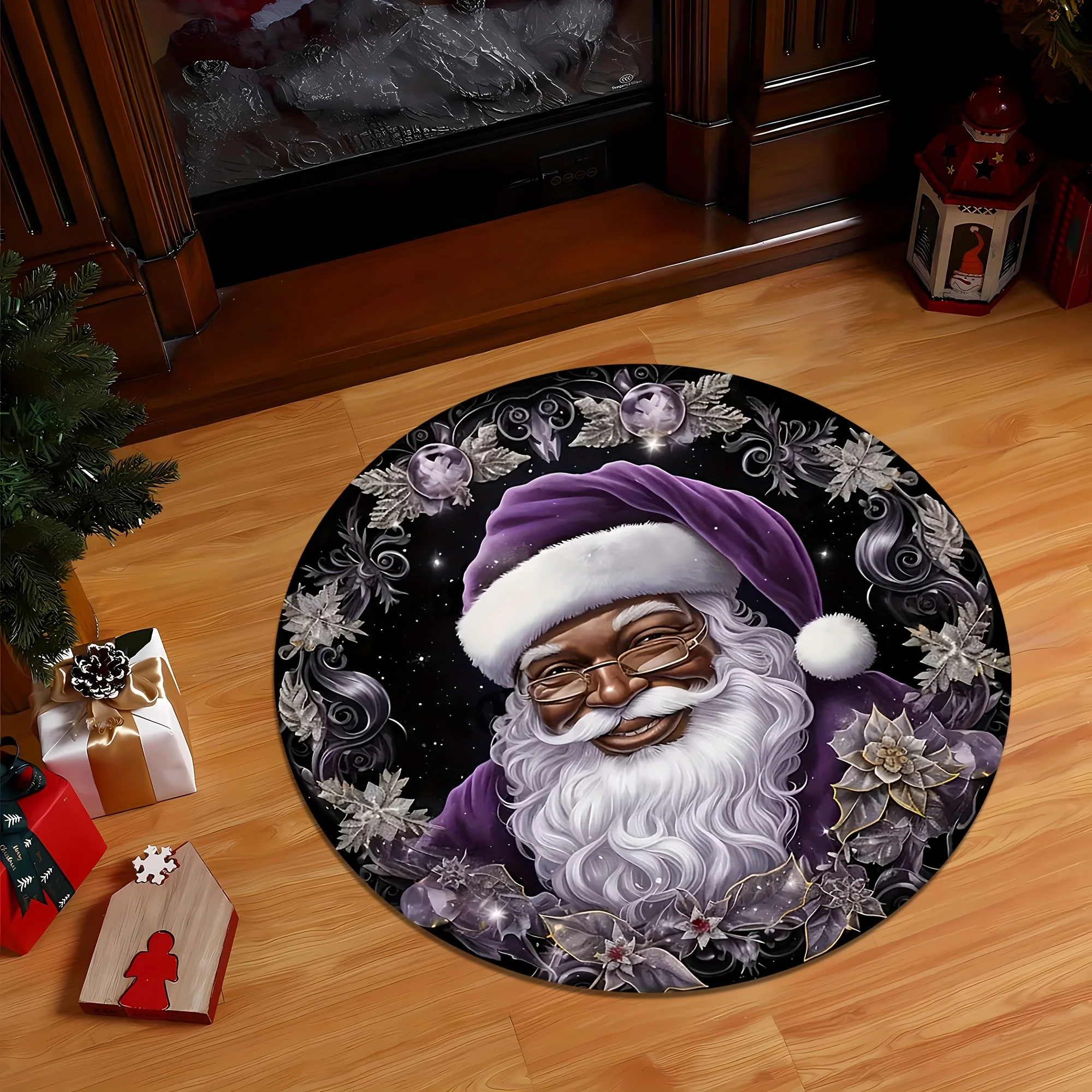 Red Cardinal Christmas Circular Floor Rug Poinsettia Pine Berry Snow Pattern Soft Carpet Indoor Xmas Decor for Family Party