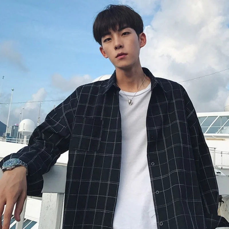 Blus Trendi Pasangan Pelajar Pakaian Luar Pelindung Matahari Gaya Korea Musim Semi Musim Gugur Kasual Kotak-kotak Panjang Pria