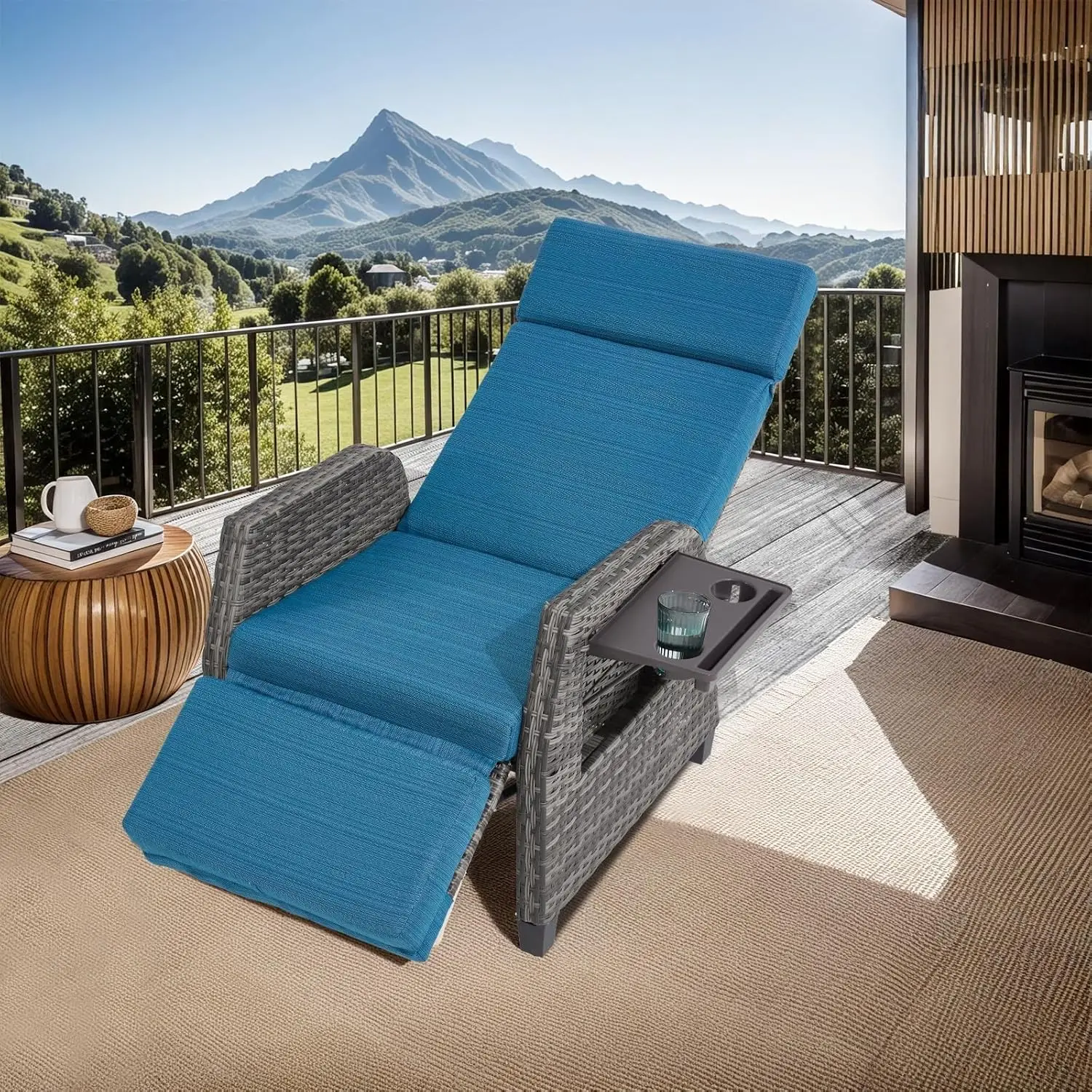 

180 ° Плетеное кресло-реклайнер с откидным столиком, регулируемой спинкой, для улицы, патио, балкона, на заказ