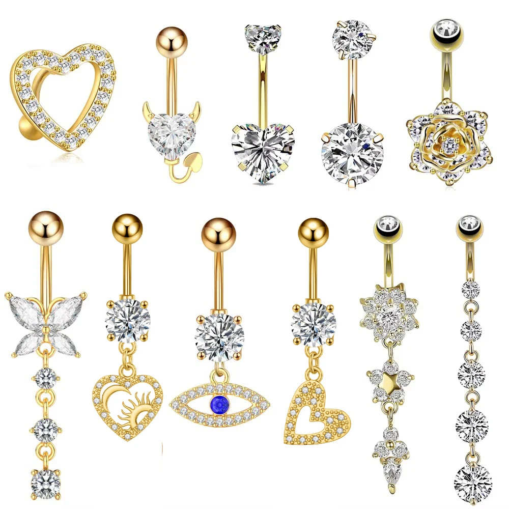 1PC Gold Color Series Crystal Belly Button Rings Snake Flower Heart Belly Ring for Women Stainless Steel Dangled Navel Piercing