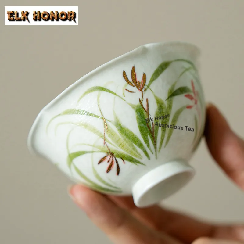 90ml Hand Gold Drawing Pink Orchid Teacup Japanese Tea Bowl Sample Tea Cup Tea-tasting Personal Cup Jianzhan Master Cups Teaset