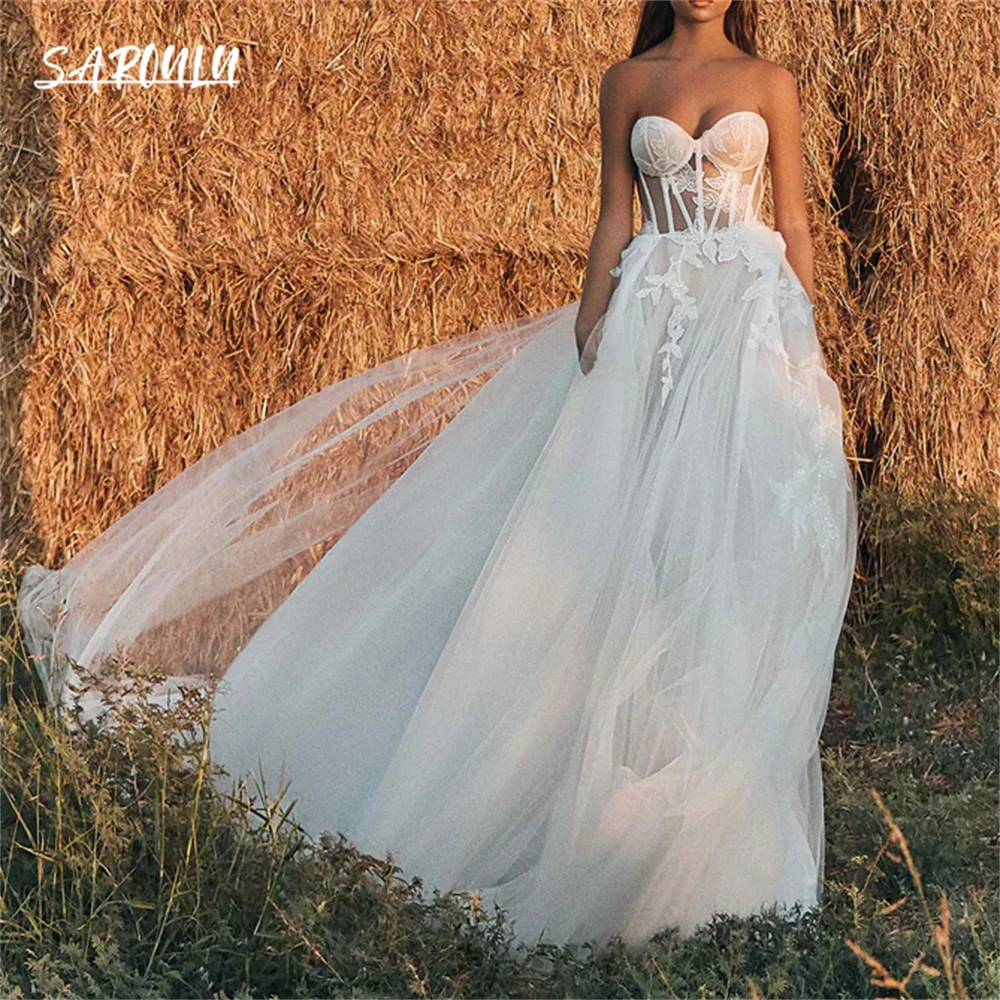 

Bohemian Flowy Bride Dresses for Women, Strapless Tulle Long Boho Wedding Dress, Customized, Illusion Floral Lace Bridal Gown