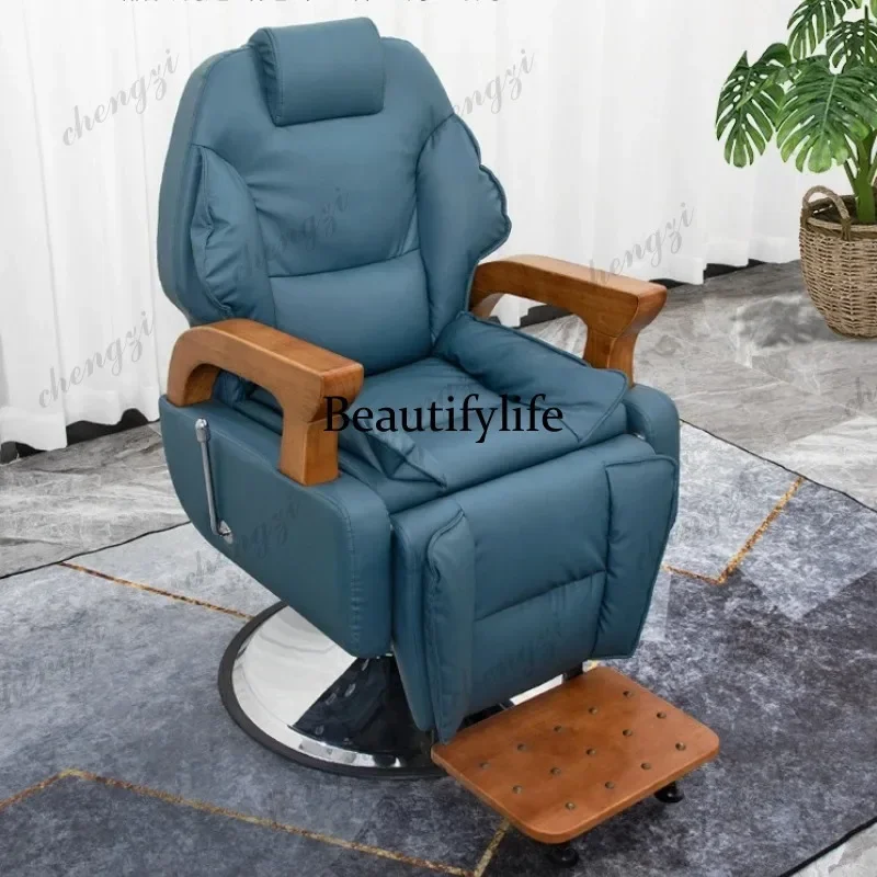 E182   Solid Wooden Barber Chair Vintage Manicure Shampoo Mid-century Barber Chair Reclining Design Salon Furniture