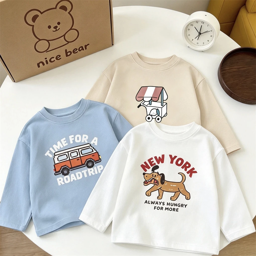 Kids Cute Tshirt Round Neck Pullovers Spring Summer Clothes Casual Loose Tops Thin Cotton Round Neck Base Shirt Unisex Wear