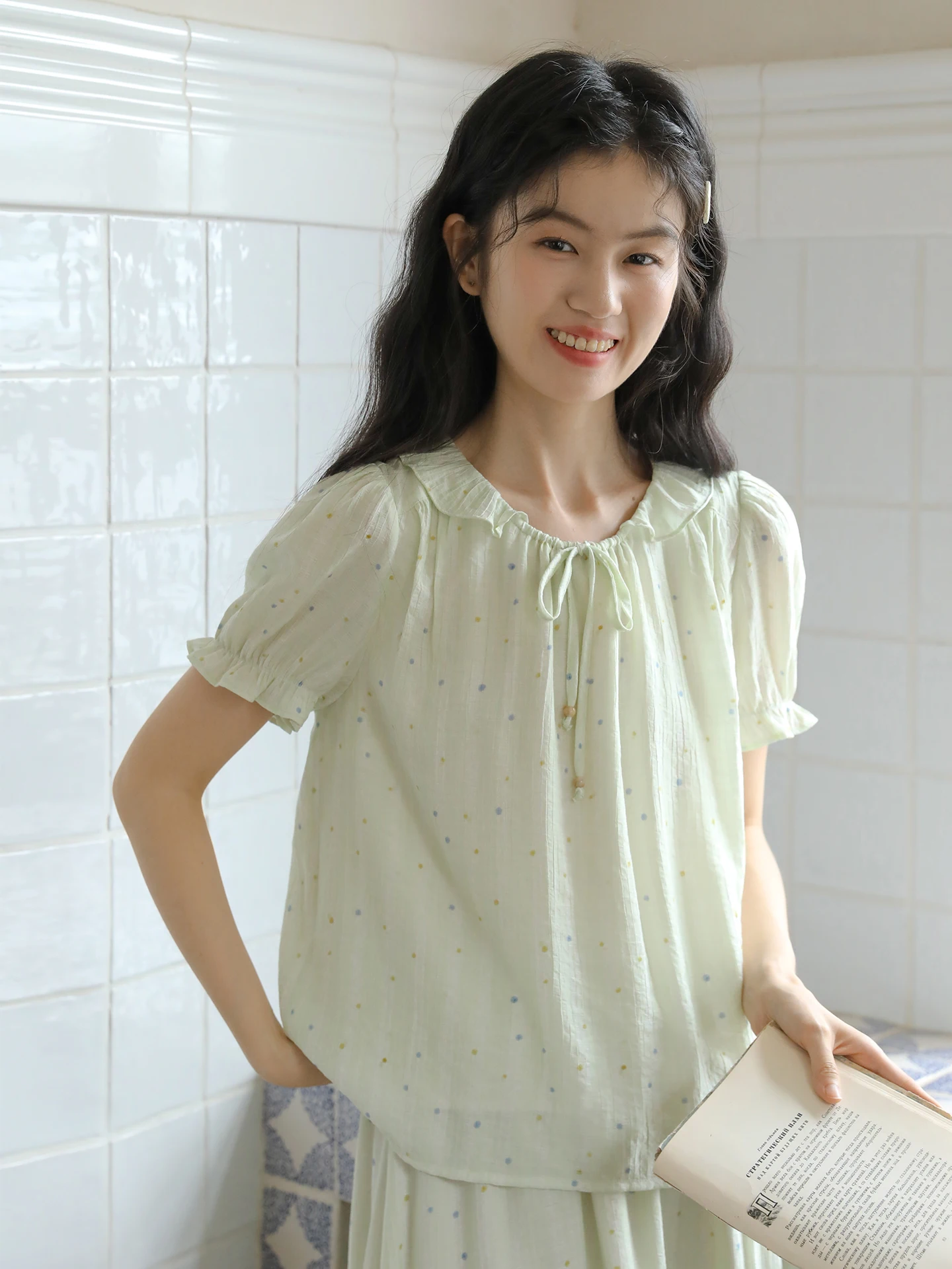 

Женский летний винтажный комплект Nesoulum: юбка в горошек и топ с коротким рукавом, модный ансамбль с воротником-стойкой