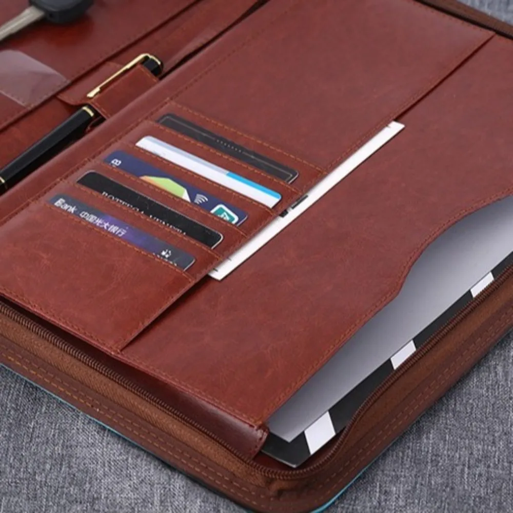 

PU Leather Business Key Storage Bag Multifunctional Large Capacity A4 File Folder Pen Insert with Zipper Interview Resume Binder
