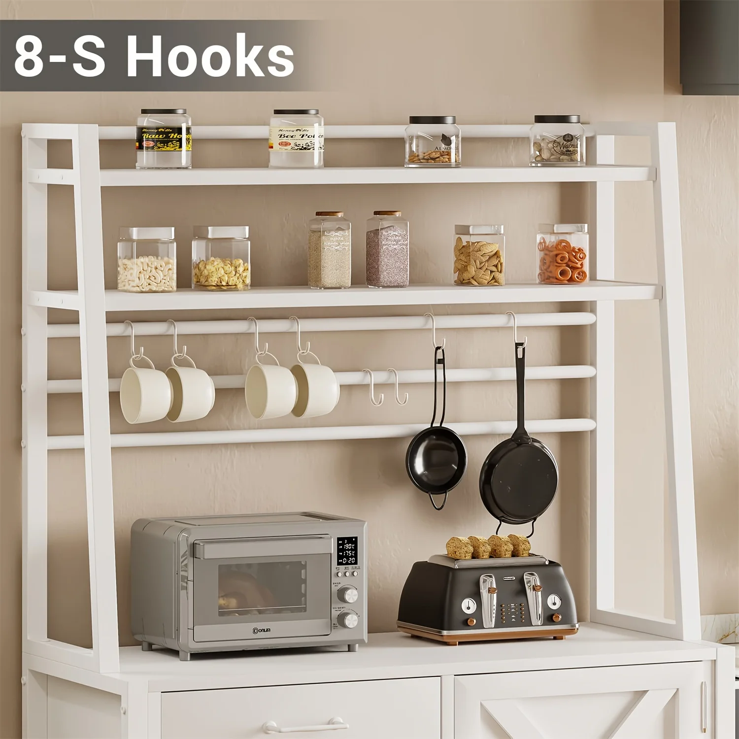 5-Tier Kitchen Bakers Rack with 8 Hooks-Wine Storage, Coffee Bar,Microwave Stand,Drawer Cabinet,Towel Bar,and Ample Shelving