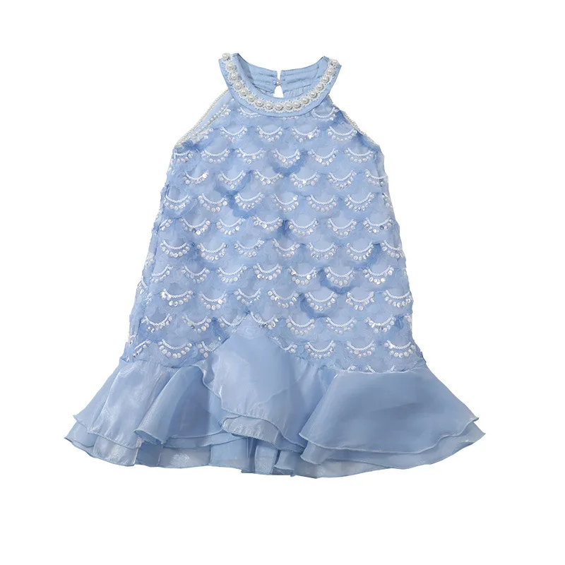 2024 Summer Mermaid Princess Summer Fashionable Children's Blue Sleeveless Tank Top Little Girl's Sequin Fish Tail Dress